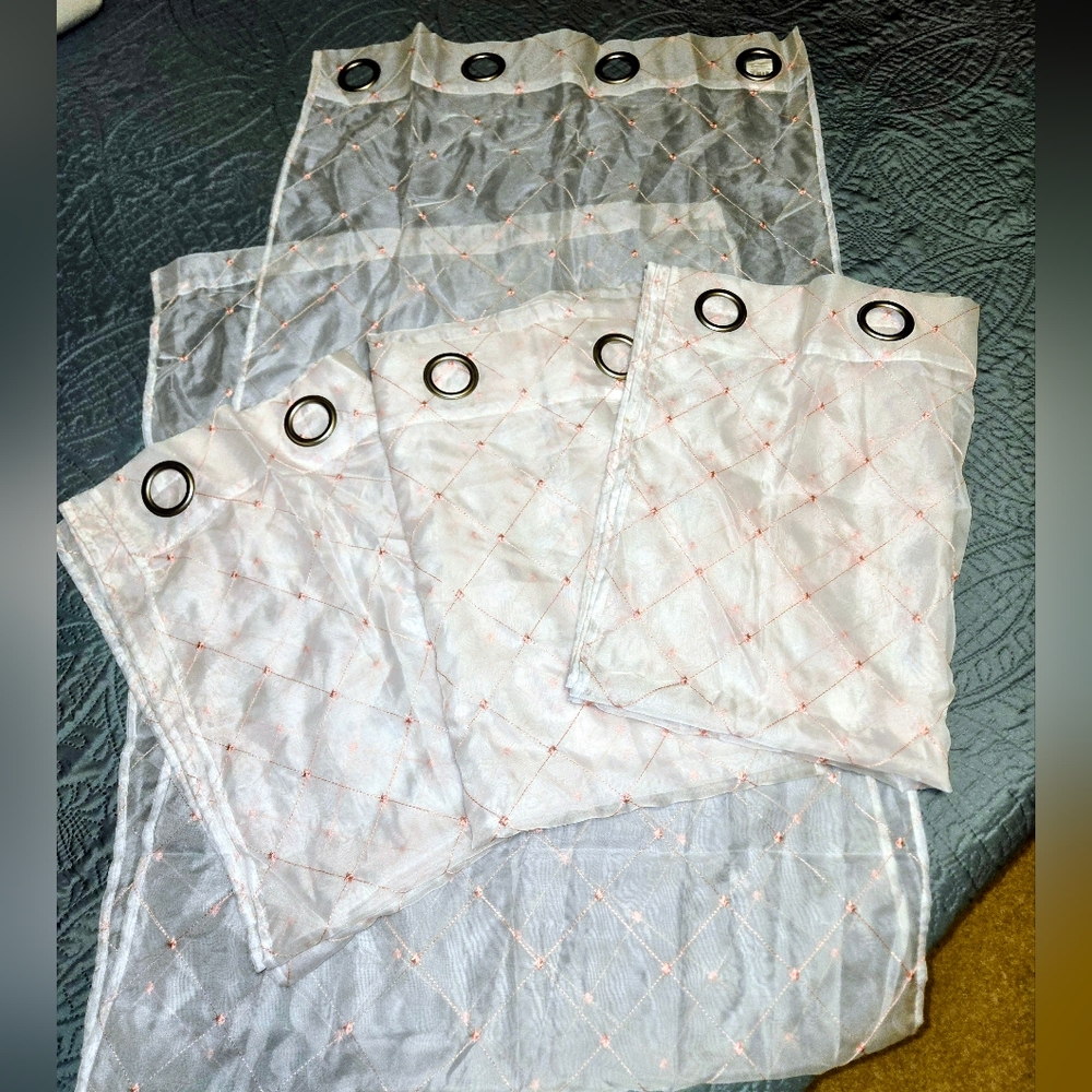Mainstays 4 Sheer White Curtains with Pink Embroidery 27.5"x84" Panels